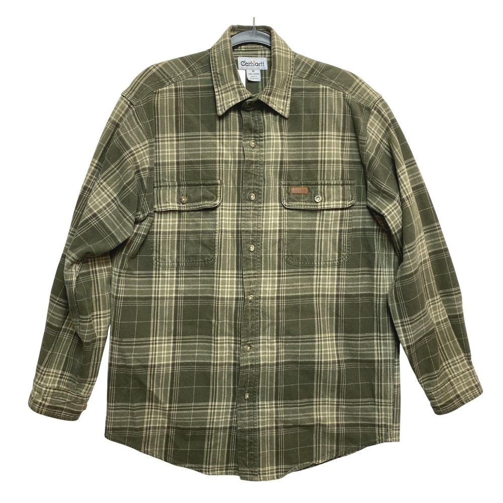 Carhartt Shirt Mens M Green Plaid Long Sleeve Cotton Work Button Up
